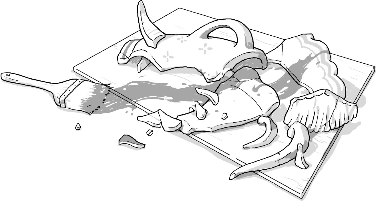 割（わ）れたお皿やガラスをはって、その上に描（えが）いてみよう好きなもの