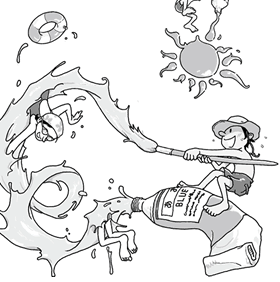 赤で描(えが)こう、青で描こう、黄で描こう、赤青黄で描いてみよう、夏の一日